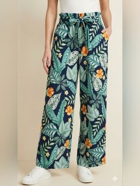 Floral Elastic Waist Wide Legged Pants Size 1X Removable Belt Navy & Green EUC